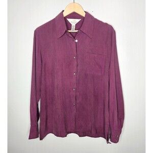 ART OF SILK Women's Button Down Shirt Large Plum Purple Classic Lightweight